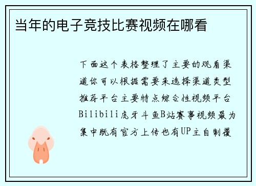 当年的电子竞技比赛视频在哪看